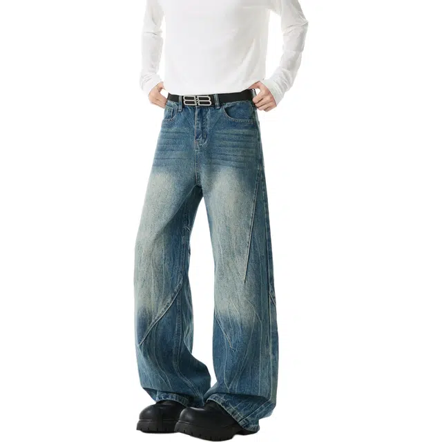 佐菲利 美式水洗闪电纹弯刀潮牌高街显瘦百搭宽松直筒阔腿裤牛仔裤 男女同款