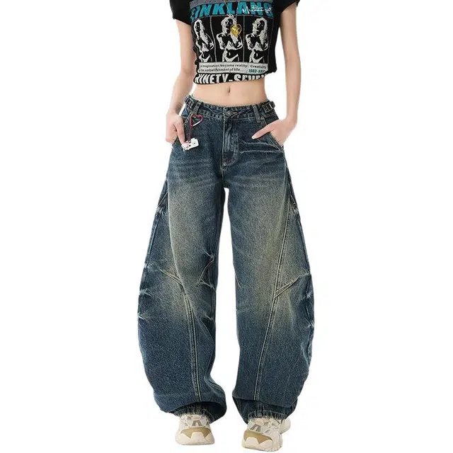 柏黛妃 阔腿牛仔裤女春夏宽松高腰垂感慵懒松弛感拖地裤休闲裤 女款