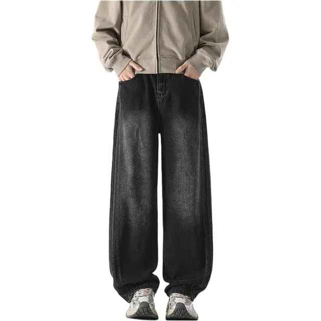 太子龍 美式水洗复古做旧宽松直筒阔腿牛仔裤 男款