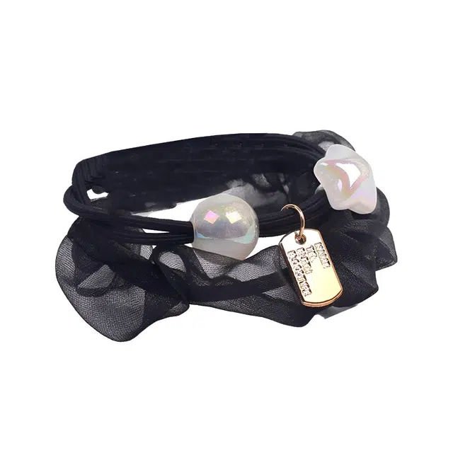 前方大荒野 网纱星星两件套黑色小肠圈温柔甜美发绳扎马尾丸子头日常百搭#好运 布艺 发圈 女款