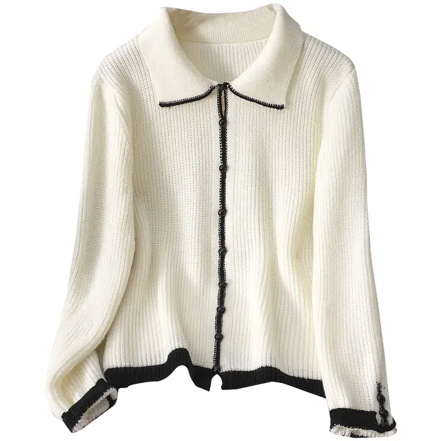 她池 文艺风撞色翻领单排扣宽松款短款落肩长袖针织衫 女款