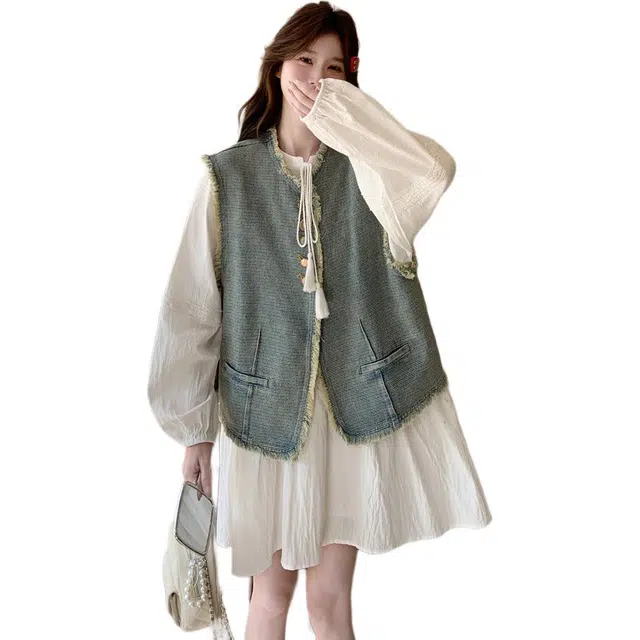 稻草人 时尚韩版宽松大版亲肤圆领牛仔马夹裙子两件套装 女款