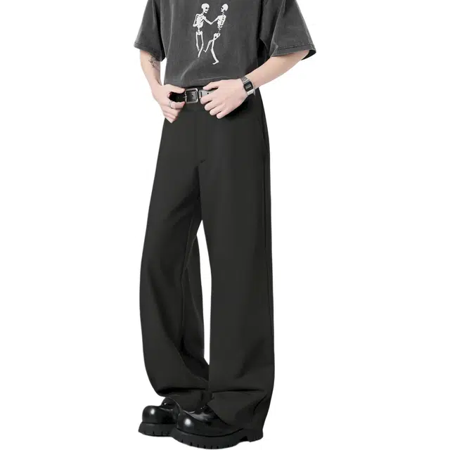 图兰朵 微喇弯刀 日系复古高街嘻哈高级感基础款纯色经典纽扣拉链阔腿中腰显高显瘦免烫垂感柔软舒适休闲裤通勤运动直筒西装裤 男女同款