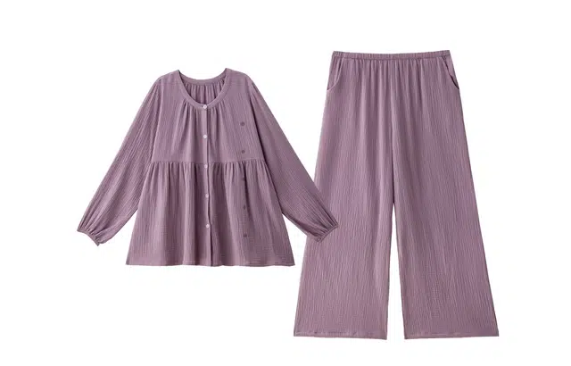 俏薇妮 舒适春秋纯棉纱布婴儿棉带胸垫一体长袖宽松大码套装睡衣礼盒 女款