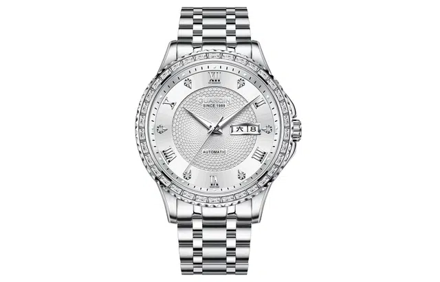 冠琴 男士镶钻高奢时尚潮流夜光防水手表 自动机械机芯 精钢表带 国表 男表 黑色表盘