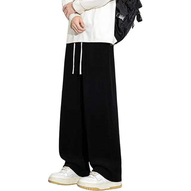 协协乐 华夫格高街风纯色秋冬季宽松直筒阔腿美式潮牌拖地裤百搭青少年抽绳痞帅长裤休闲裤 男款