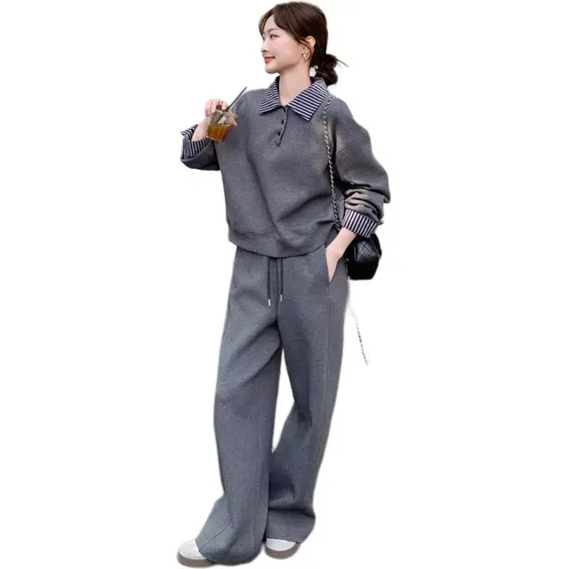 丝絮丝绸 秋季韩系时尚卫衣阔腿长裤两件套 休闲套装 女款