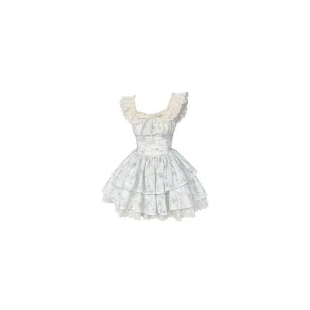 望莱仕 法式甜美碎花小飞袖夏季短裙显瘦收腰公主蓬蓬裙无袖连衣裙 女款