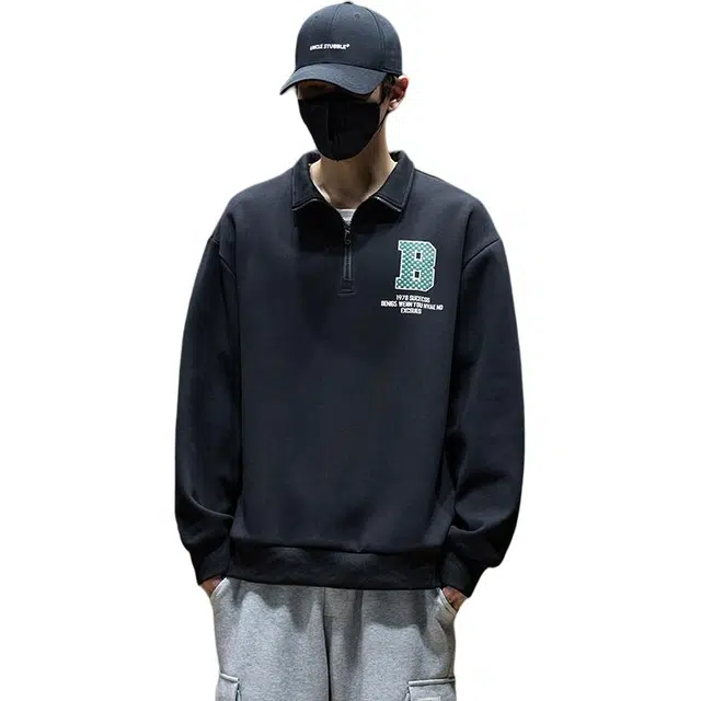 左岸 春秋青少年港风时尚潮牌休闲宽松简约长袖半拉链翻领上衣百搭帅气穿搭舒适加肥加大码字母印花卫衣 男款