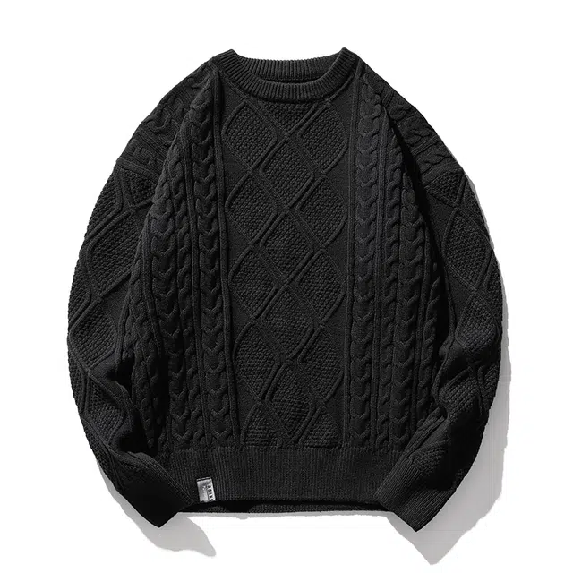 前进牛 秋季美式休闲经典潮牌静奢老钱风麻花复古圆领套头纯色潮流百搭宽松大码秋冬慵懒风内搭毛线衣针织衫 男款