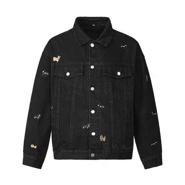 欧路得 欧路得 卡通小狗刺绣水洗牛仔外套男女秋季潮复古学院风上衣痞帅宽松夹克 男款