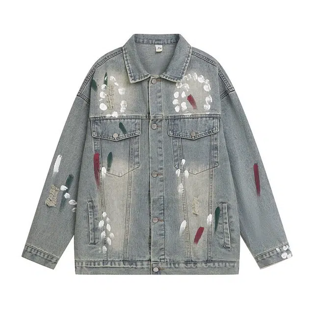 邓大喵 美式破洞男女秋季泼墨工装夹克高街痞帅百搭设计感上衣潮牛仔外套 男女同款