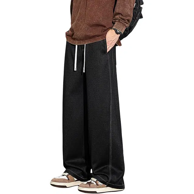 协协乐 高街拼接设计感时髦丹宁原牛原色春秋季美式复古做旧水洗宽松阔腿拖地裤青少年抽绳痞帅休闲长裤牛仔裤 男款