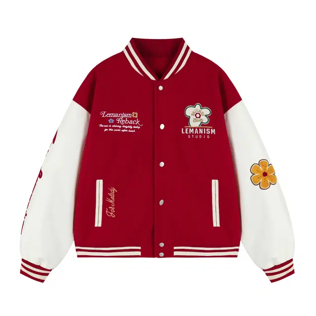 小卷要加油 美式复古毛巾绣花朵刺红色绣外套男女秋季情侣撞色夹克棒球服 女款