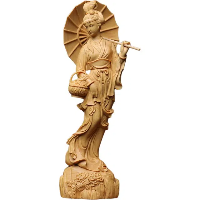 得笙陌 古典美女打伞美人家居装饰桌面摆设优雅女神木雕工艺品 黄杨木 木作摆件 男女同款情侣款