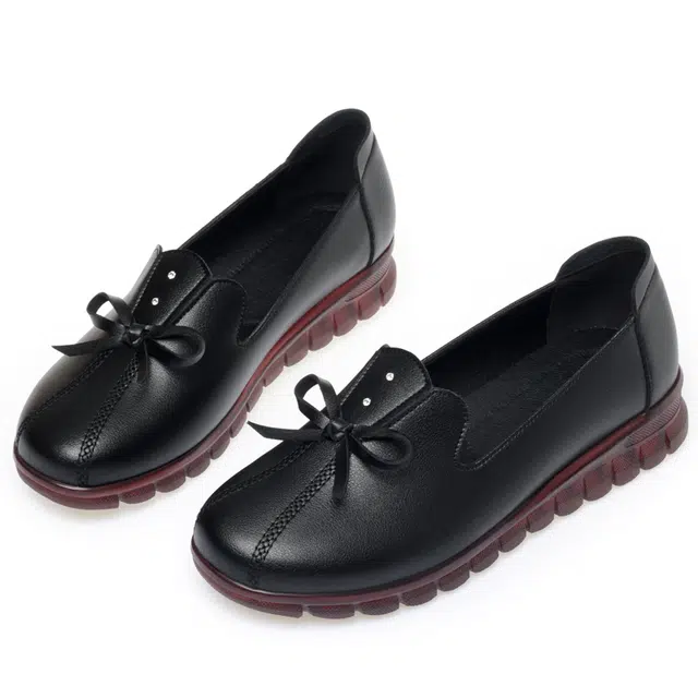 阿比让 二层牛皮 妈妈款蝴蝶结柔软舒适轻便透气 女士休闲单鞋 女