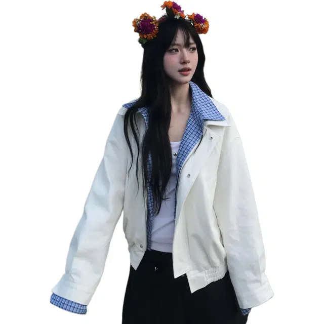 小卷要加油 蓝白格子撞色翻领刺绣假两件外套女春秋季宽松休闲设计感上衣夹克 女款