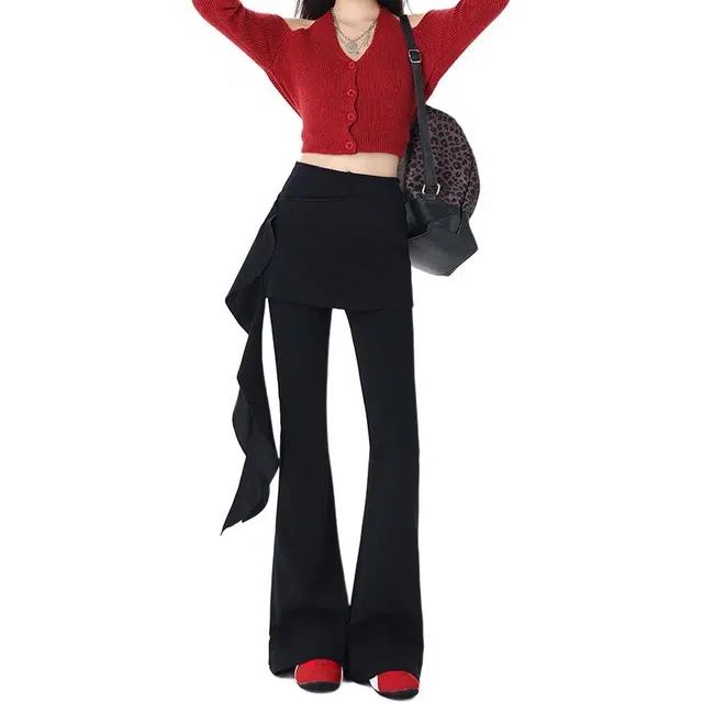 如续 微喇叭春夏紧身弹力直筒裤百搭高腰荷叶边长裤休闲裤 女款