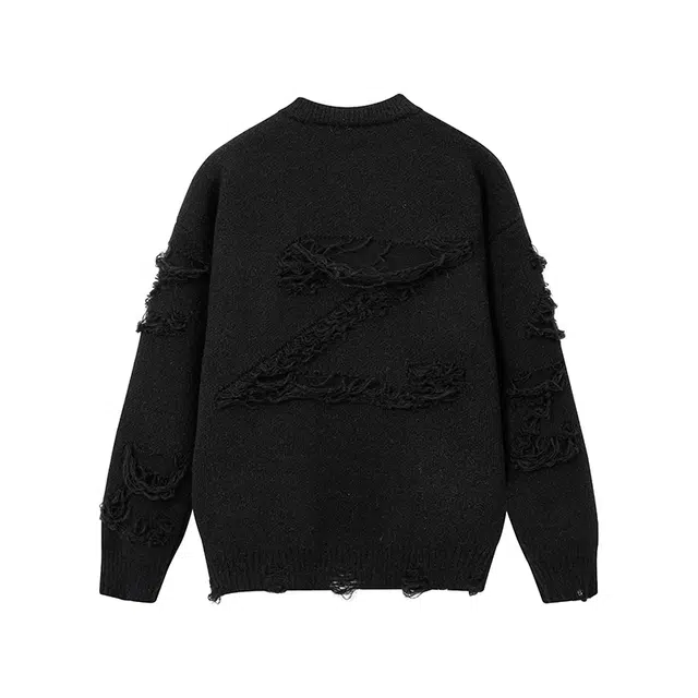 吾皇猫 美式复古高街简约基础款学院风圆领套头针织上衣潮流潮牌破洞长袖贴布打底衫休闲宽松时尚百搭痞帅慵懒风秋冬款毛衣 男女同款