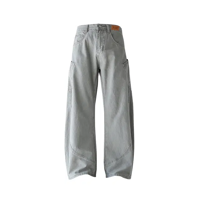 半空山 美式复古高街水洗做旧解构线条拼接设计显高显瘦个性工装大口袋宽松百搭纯棉直筒牛仔裤 男女同款