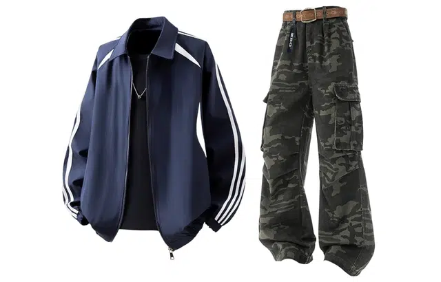 梓润格 美式学院风棒球服简约百搭飒酷夹克外套秋冬双拉链迷彩牛仔裤高街设计感打褶工装裤休闲运动套装 男女同款