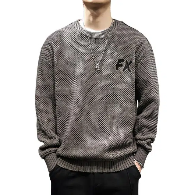 前进牛 美式休闲经典复古潮牌静奢老钱风重磅圆领潮流居家慵懒风套头长袖上衣内搭针织衫 男款