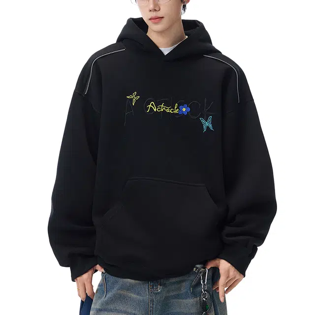 艾梵斯贝 美式复古潮流重磅字母刺绣工艺简约设计款无性别学院日常通勤百搭高级感潮酷宽松休闲时尚高街连帽情侣款卫衣 男女同款