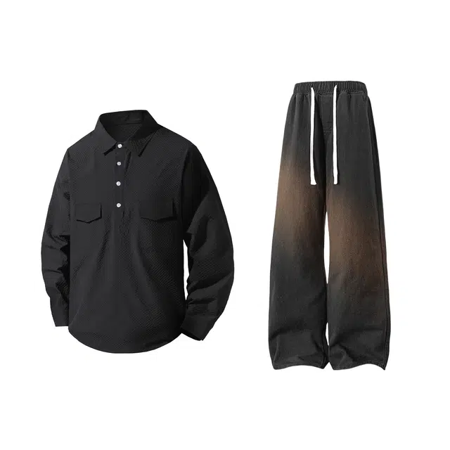 【泡泡纱翻领半开衫上衣裤子一套】布客行 纯色复古大码设计简约百搭通勤长袖外套抽绳渐变阔腿牛杂长裤休闲运动套装 男女同款