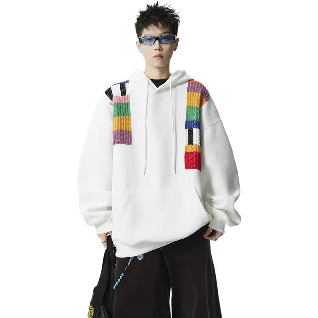 佐菲利 美式彩虹针织情侣高街百搭休闲连帽衫潮牌宽松上衣卫衣 男女同款
