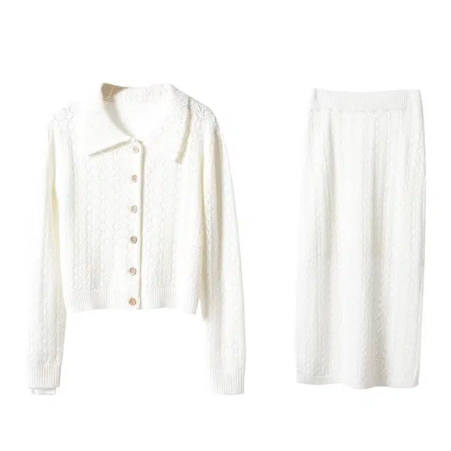 敲模女孩 法式学院风复古镂空针织慵懒软糯开衫高腰包臀半身裙两件套裙装套装 女款