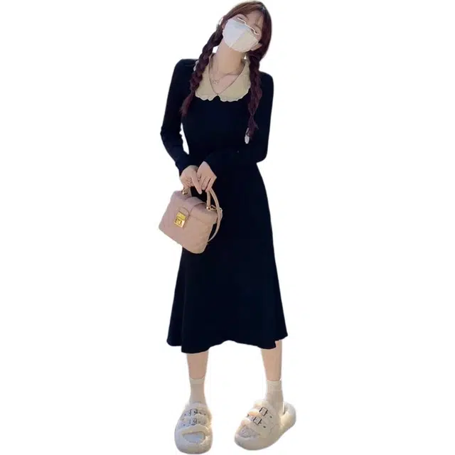 敲模女孩 学院赫本风娃娃领修身显瘦减龄包臀针织长袖连衣裙 女款