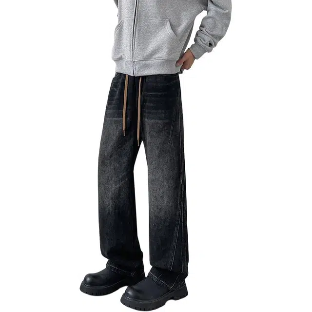 么宁 秋冬季美式高街复古水洗宽松直筒裤舒适透气简约百搭耐穿耐磨阔腿长裤抽绳松紧腰个性痞帅休闲牛仔裤 男女同款