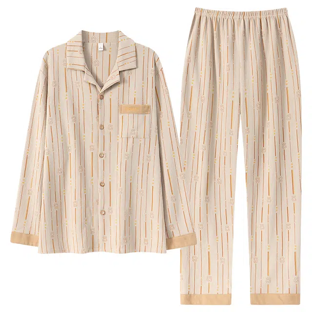 俏霓桐 时尚条纹轻奢纯棉亲肤清新简约休闲拼色翻领长袖长裤家居服可外穿睡衣套装 男款