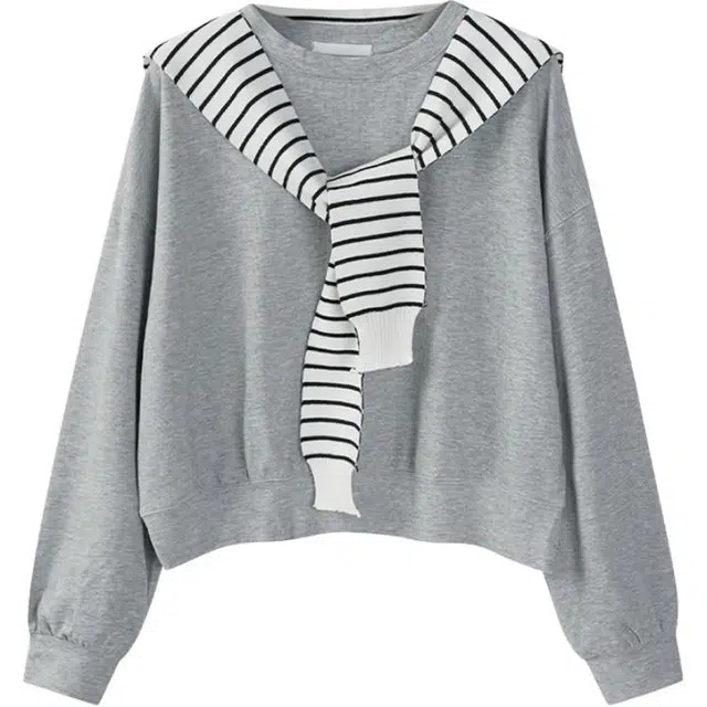 小卷要加油 韩系撞色条纹披肩圆领薄款刺绣短款上衣休闲套装 女款