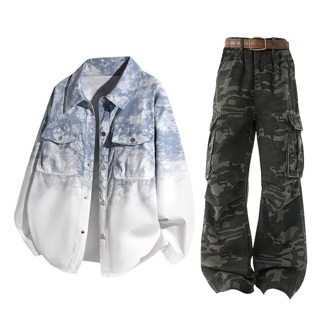 一碗士多 美式复古纯扎染渲染口袋松紧收腰上衣舒适宽松户外通勤日常跳舞百搭潮牌时尚痞帅中腰迷彩水洗做旧牛仔裤休闲运动套装 男女同款