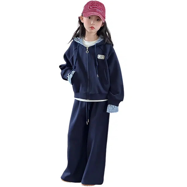 蓝彩何休闲运动套装 女童装春秋款时尚儿童拼格子连帽开衫外套打底裤两件套