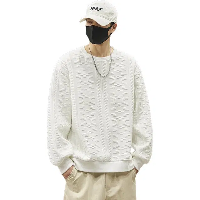 左岸 春秋青少年港风时尚潮牌休闲宽松简约提花肌理感长袖圆领上衣百搭帅气穿搭舒适加肥加大码外穿卫衣 男款