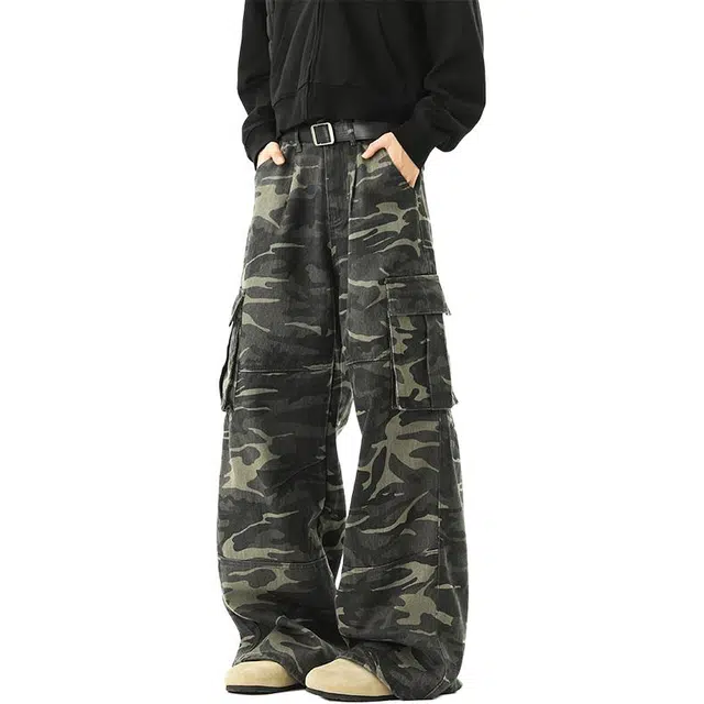 行更远 美式水洗大口袋解构迷彩设计小众高级感高街痞帅炸街潮流日常通勤宽松百搭舒适亲肤阔腿伞兵工装休闲裤 男女同款