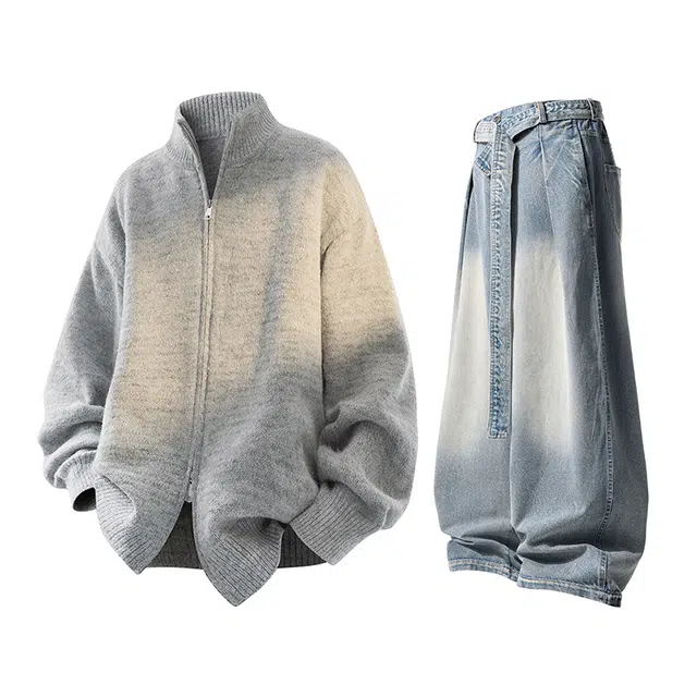 梓润格 美式小众设计感加厚针织衫上衣慵懒感宽松开衫毛衣复古潮流高级感水洗牛仔长裤弯刀裤休闲运动套装 男女同款