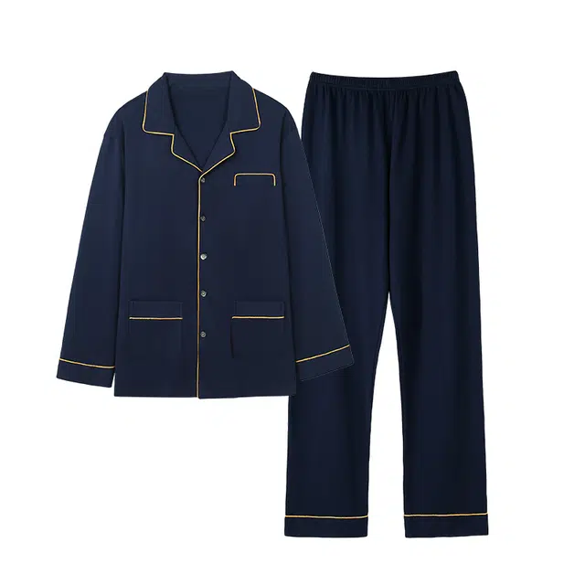 俏佳人 高品质双面纯棉开衫翻领纯色简约休闲舒适透气亲肤家居服长袖长裤睡衣套装 男款