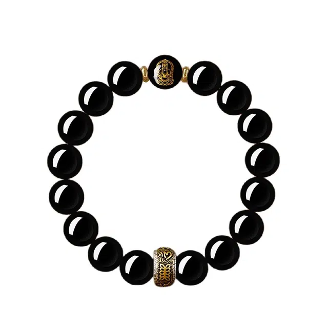 宣华意 六字真言转运配饰本命佛 招财纳福 好运连连 事事顺遂 黑曜石 手串 男女同款情侣款