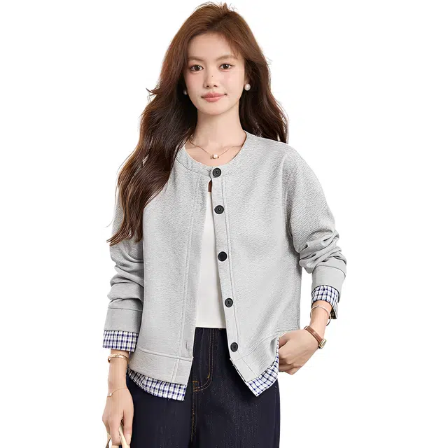 荟萃阁 设计感格子衫拼接开衫宽松上衣卫衣 女款