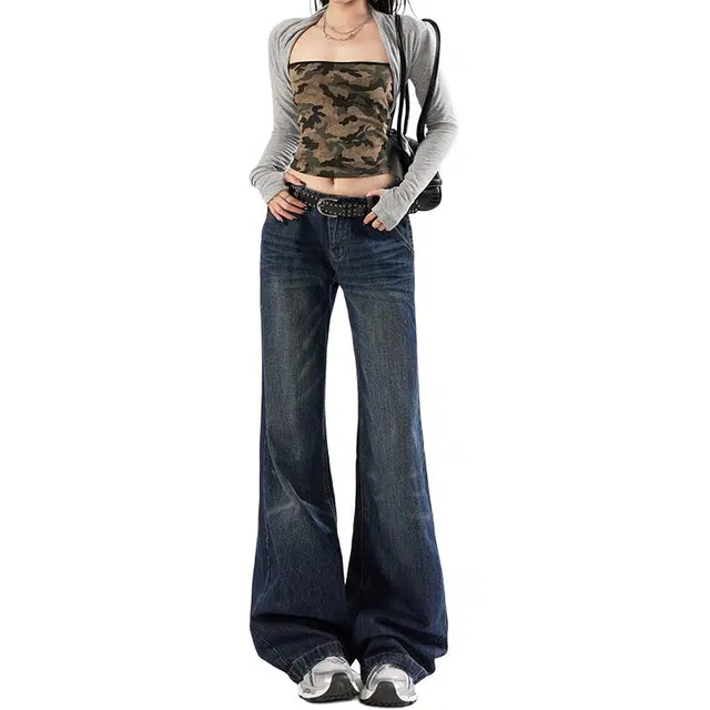 如续 美式复古水洗纹低腰直筒百搭秋冬显瘦长裤拖地裤加长牛仔裤 女款