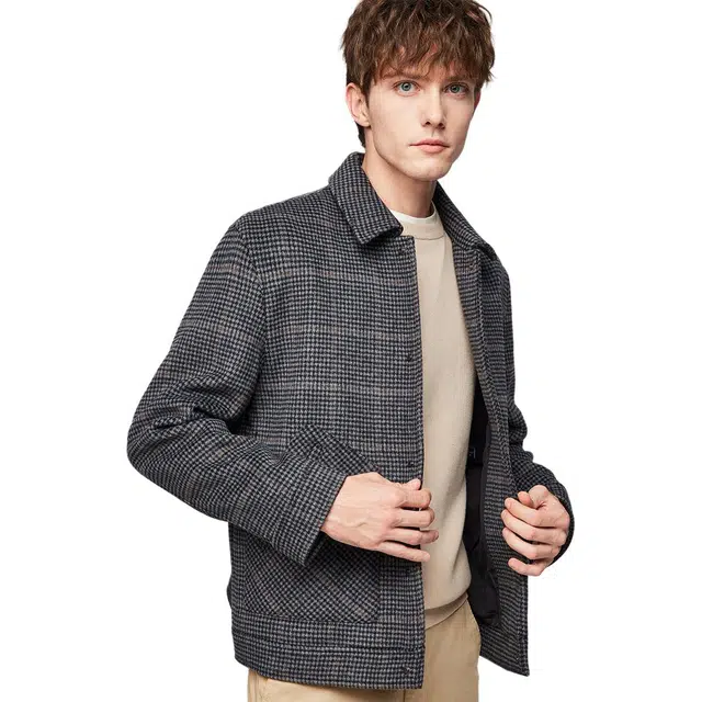 红豆 暖感羊毛格纹复古保暖毛呢翻领茄克衫口袋百搭秋冬季外套夹克 男款