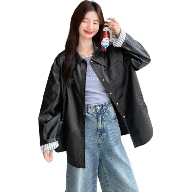 稻草人 时尚休闲简约翻领条纹翻袖设计感夹克皮衣外套 女款