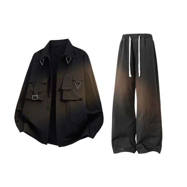 【朋克风金属装饰大口袋翻领小衫裤子一套】布客行 高街小众百搭款通勤长袖上衣外套抽绳渐变阔腿宽松水洗做旧牛仔长裤衬衫套装 男女同款