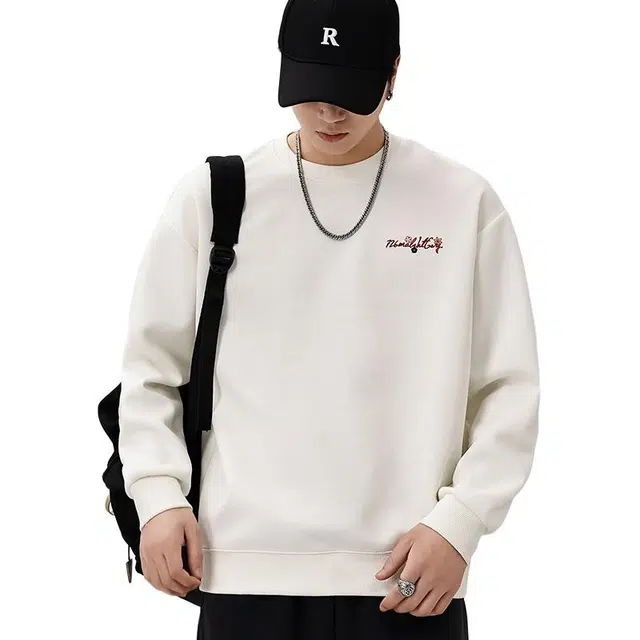 协协乐 美式重磅春秋季宽松圆领打底衫时尚印花套头男士休闲百搭长袖上衣设计小众款卫衣 男款