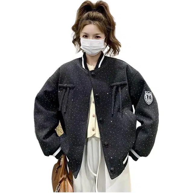 邓大喵 韩系学院风女短款春秋设计感亮钻宽松夹克外套棒球服 女款
