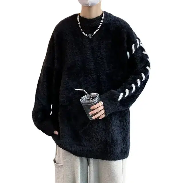 软糯舒适加绒加厚保暖慵懒风设计感高级宽松休闲百搭打底针织学院风潮流圆领落肩套头毛衣 男女同款