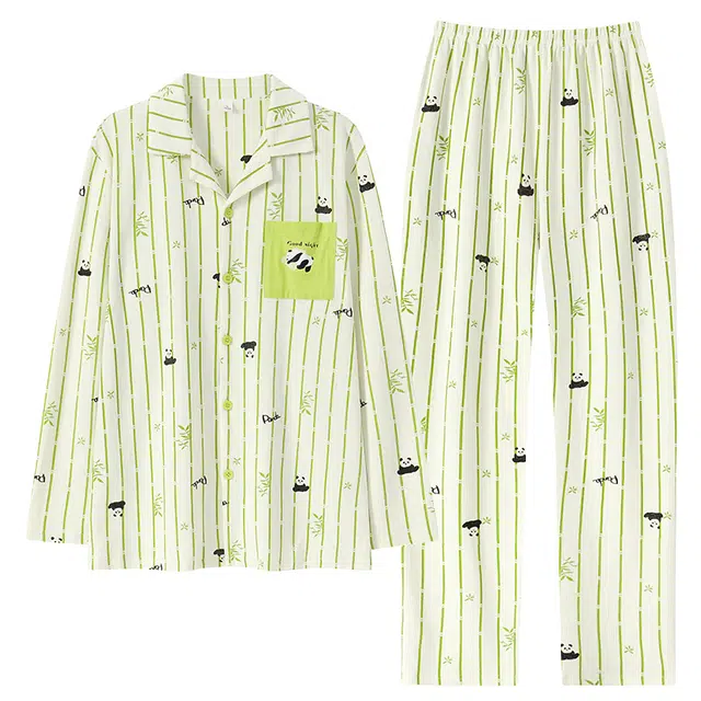 俏霓桐 可爱卡通熊猫轻奢纯棉亲肤简约条纹休闲翻领长袖长裤家居服可外穿睡衣套装 男款
